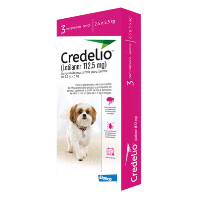 Comprimidos masticables Credelio para perros de 2.5 a 5.5 kg.