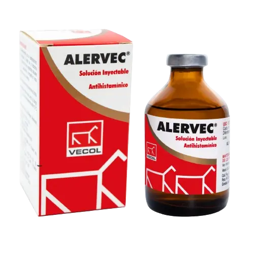 Solución inyectable antihistamínica y antialérgica ALERVEC para bovinos, equinos, caninos y gatos.