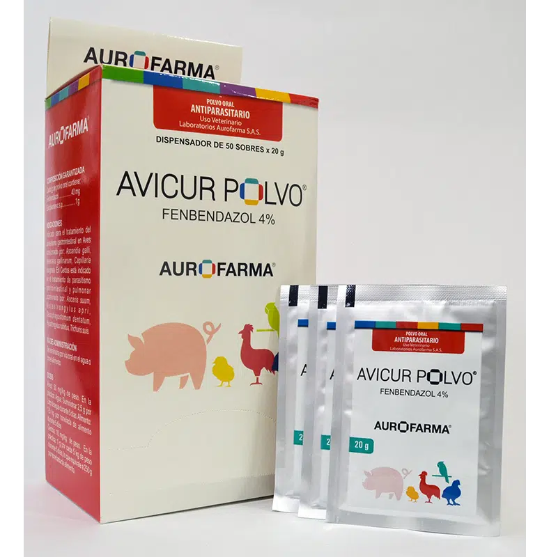 Imagen de AVICUR POLVO X 20 GRS, un antiparasitario interno para aves y cerdos.
