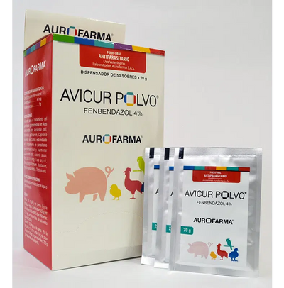 Imagen de AVICUR POLVO X 20 GRS, un antiparasitario interno para aves y cerdos.