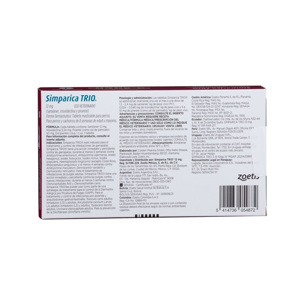 Antiparasitario Interno y Externo para Perro Simparica Trio 5 Kg - 10 Kg x 1 Tableta