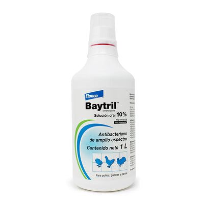 Botella de Baytril 10% Oral X Litro: Tratamiento antibacteriano para aves.