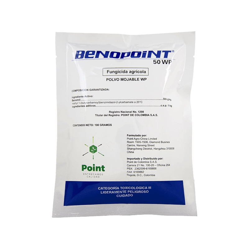 Envase de Benopoint SB X 100 gr, fungicida sistémico para cultivos, protección integral contra hongos.
