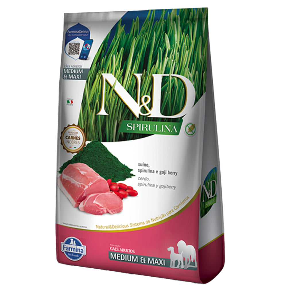 N&D SPIRULINA Comida para Perro Adulto Razas Medianas y Grandes Sabor a Cerdo x 10.1 kg