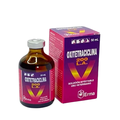 Frasco de OXITETRACICLINA 200 LA - 50ML para tratamiento de infecciones bacterianas en bovinos, ovinos y porcinos