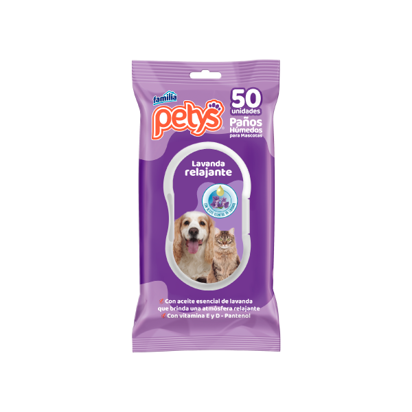 Paños Húmedos Petys Lavanda x 50 Und para mascotas.