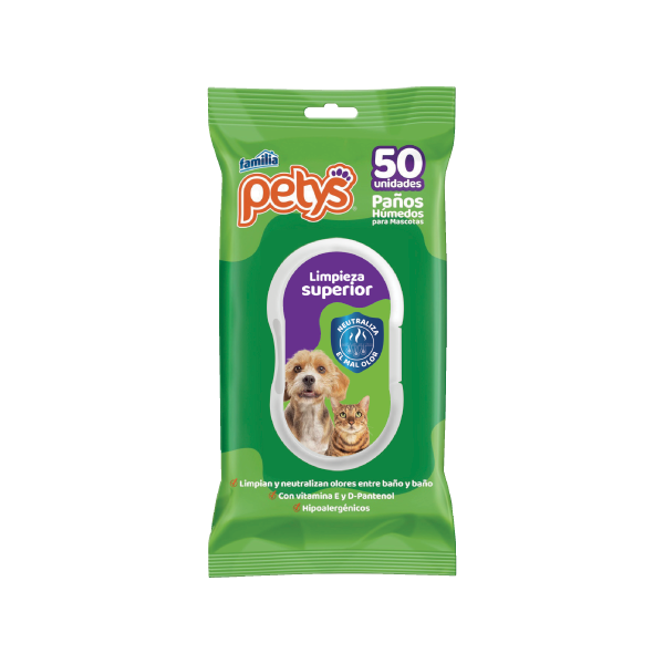 Paños Húmedos Petys Limpieza Superior x 50 Und para mascotas.