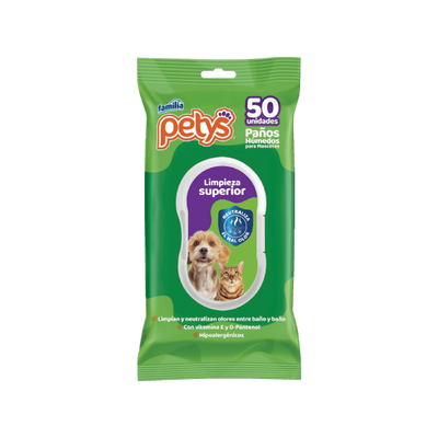 Paños Húmedos Petys Limpieza Superior x 50 Und para mascotas.