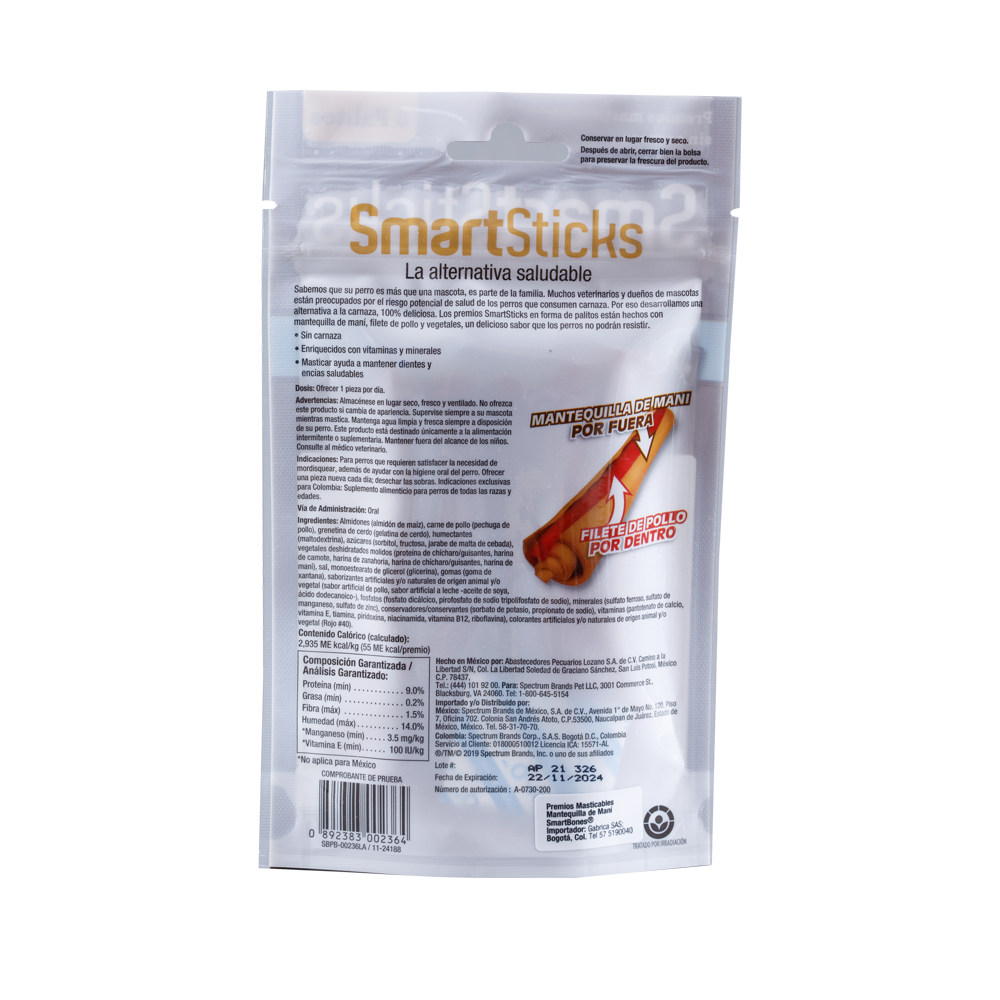 Smartbones Snack para Perro Smartsticks Mantequilla de Maní x 5 u