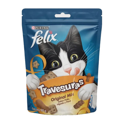 Purina® Felix® Snack para Gatos Adultos de Todas las Razas Travesuras® sabor a Pollo, Hígado y Pavo x 60 gr
