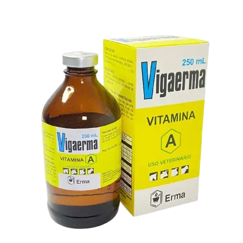 Frasco de VIGAERMA 250ml con suplemento vitamínico para animales