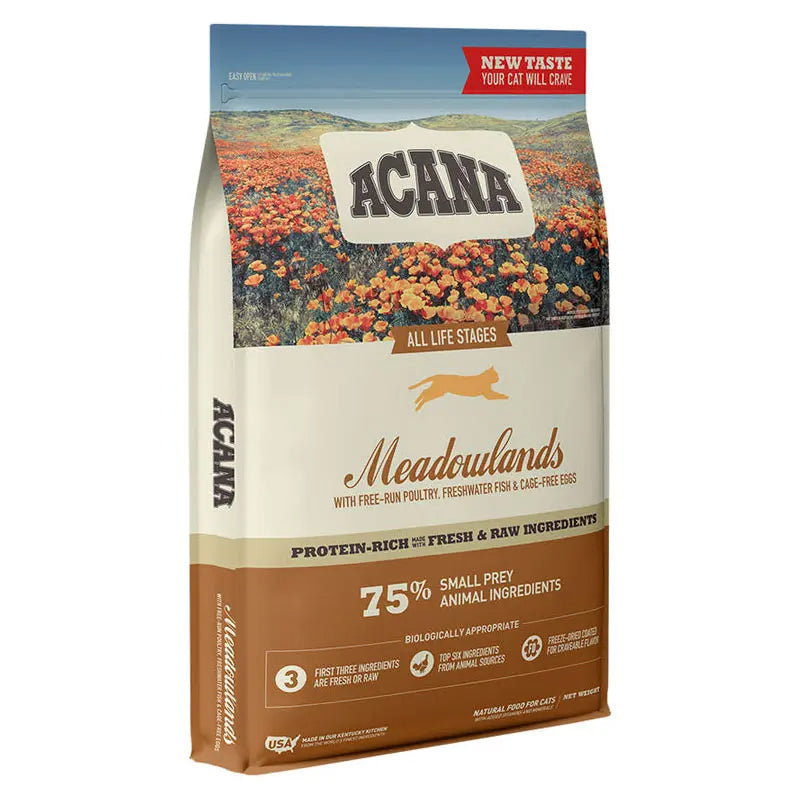 Imagen del producto ACANA CAT MEADOWLANDS X 1.8 KILOS - Alimento premium para gatos con ingredientes naturales y nutritivos, incluyendo pollo, pavo, huevos y pescado.