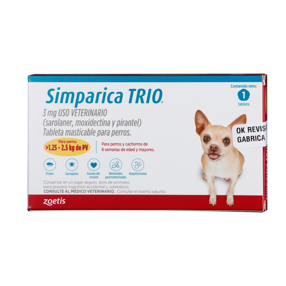 Antiparasitario Interno y Externo para Perro  Simparica Trio 1.25 Kg - 2.5 Kg x 1 Tableta