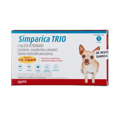 Antiparasitario Interno y Externo para Perro  Simparica Trio 1.25 Kg - 2.5 Kg x 1 Tableta