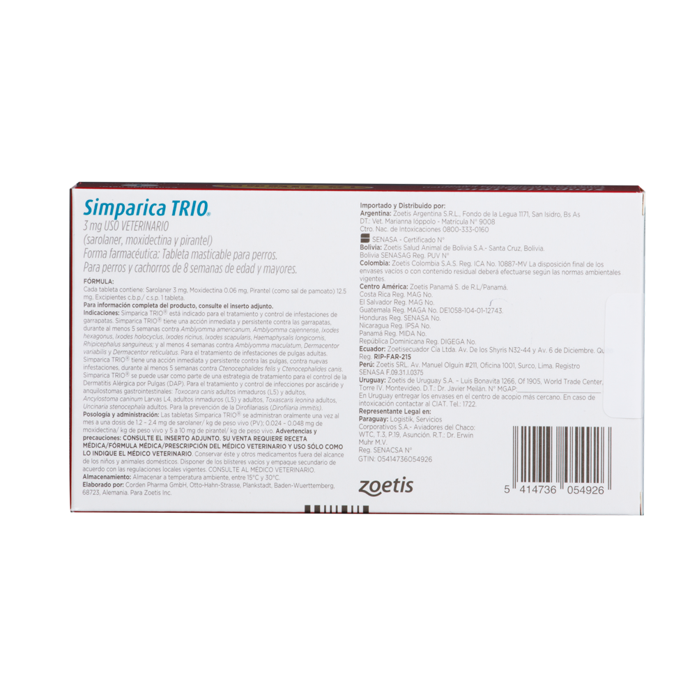 Antiparasitario Interno y Externo para Perro  Simparica Trio 1.25 Kg - 2.5 Kg x 1 Tableta