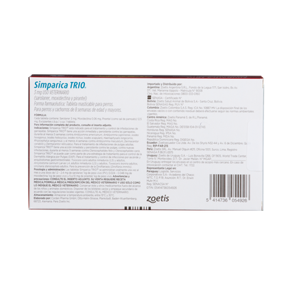 Antiparasitario Interno y Externo para Perro  Simparica Trio 1.25 Kg - 2.5 Kg x 1 Tableta