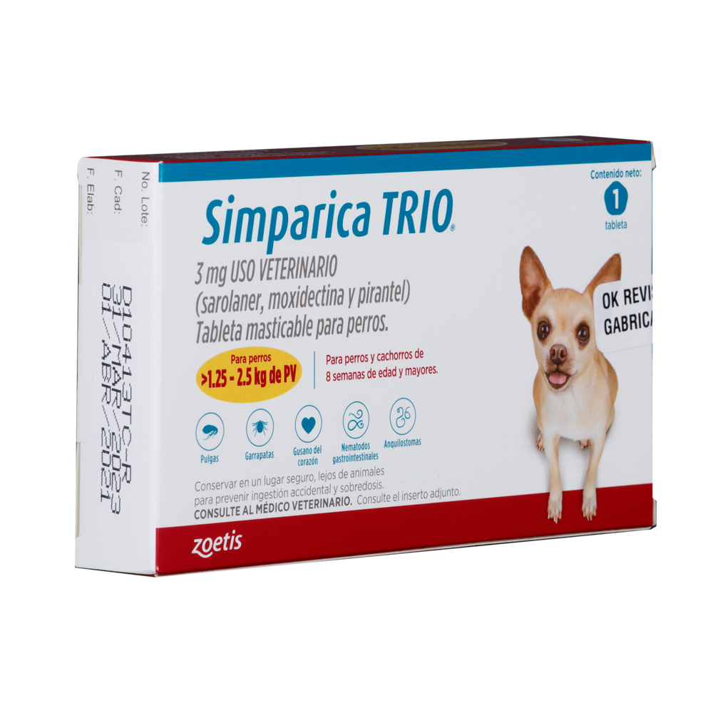 Antiparasitario Interno y Externo para Perro  Simparica Trio 1.25 Kg - 2.5 Kg x 1 Tableta