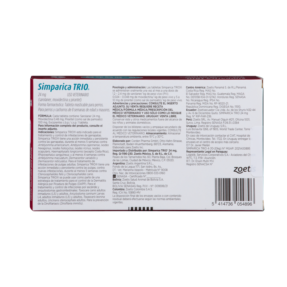 Antiparasitario Interno y Externo para Perro  Simparica Trio 10 Kg - 20 Kg x 1 Tableta