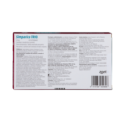 Antiparasitario Interno y Externo para Perro  Simparica Trio 10 Kg - 20 Kg x 1 Tableta