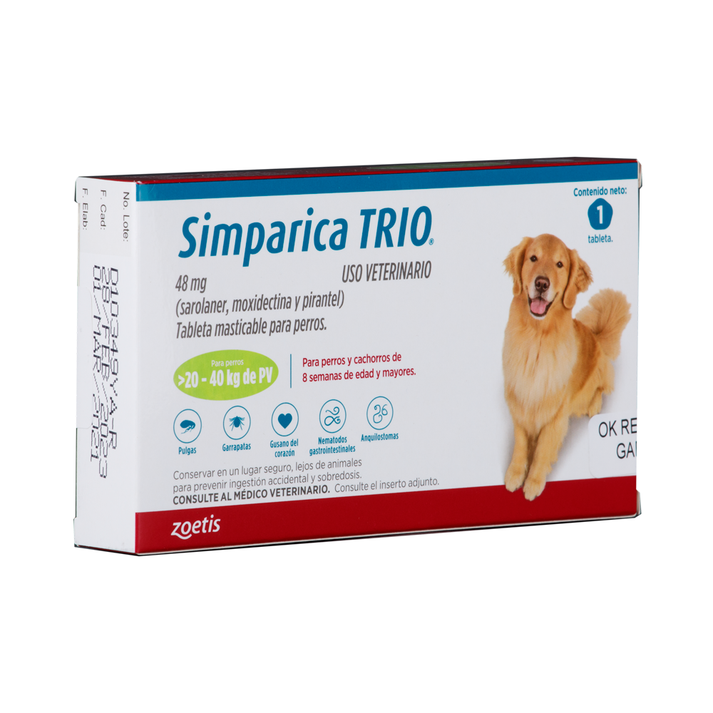 Antiparasitario Interno y Externo para Perro Simparica Trio 20 Kg - 40 Kg x 1 Tableta