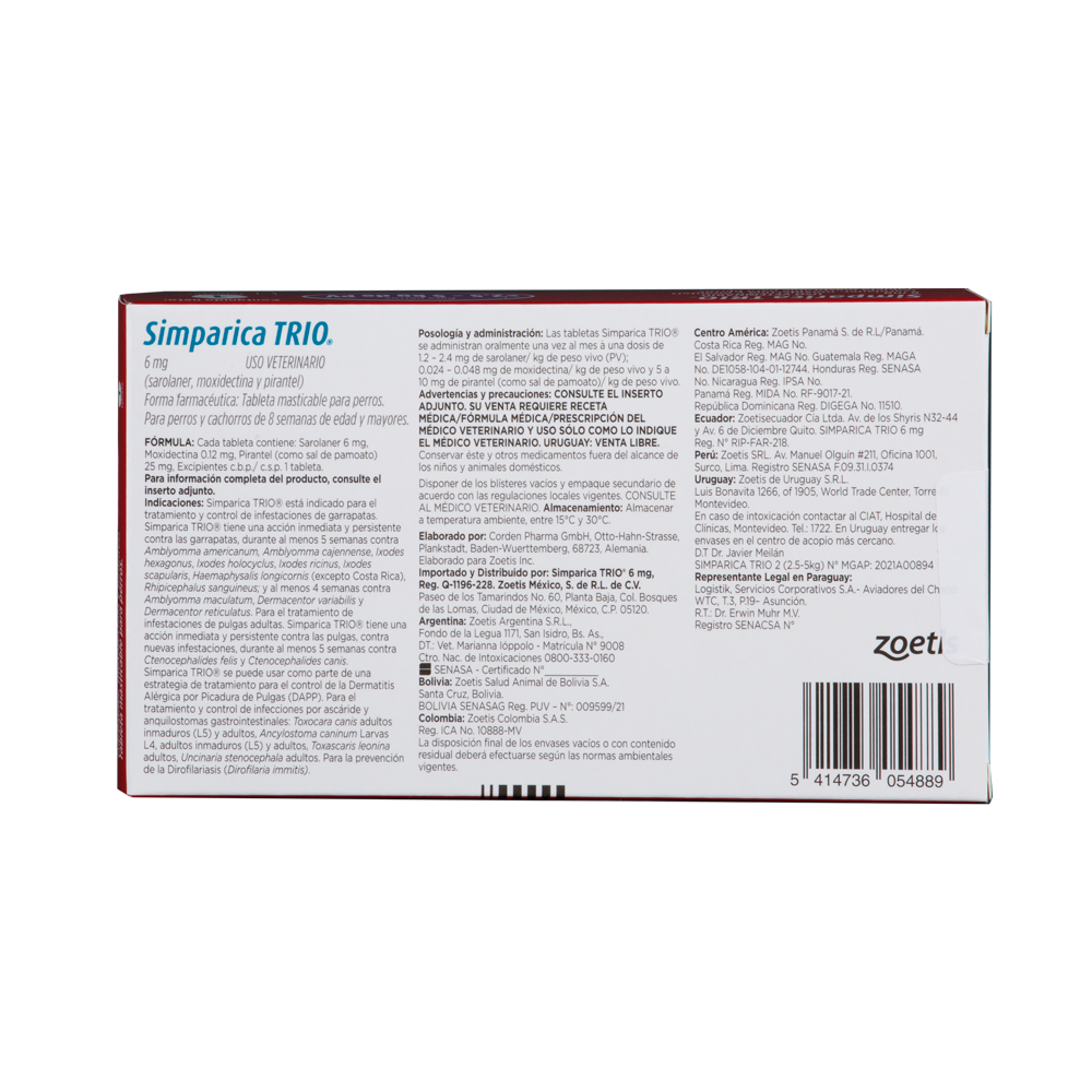 Antiparasitario Interno y Externo para Perro Simparica Trio 2.5 Kg - 5 Kg x 1 Tableta