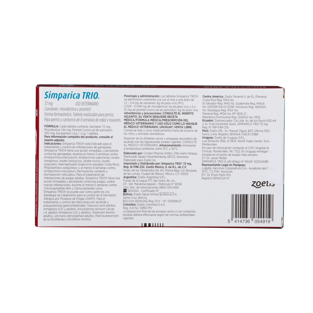 Antiparasitario Interno y Externo para Perro  Simparica Trio 40 Kg - 60 Kg x 1 Tableta