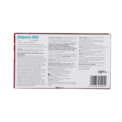 Antiparasitario Interno y Externo para Perro  Simparica Trio 40 Kg - 60 Kg x 1 Tableta