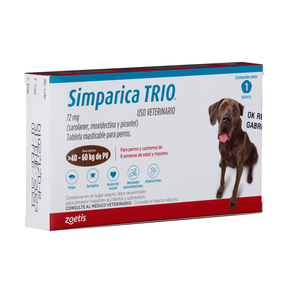 Antiparasitario Interno y Externo para Perro  Simparica Trio 40 Kg - 60 Kg x 1 Tableta