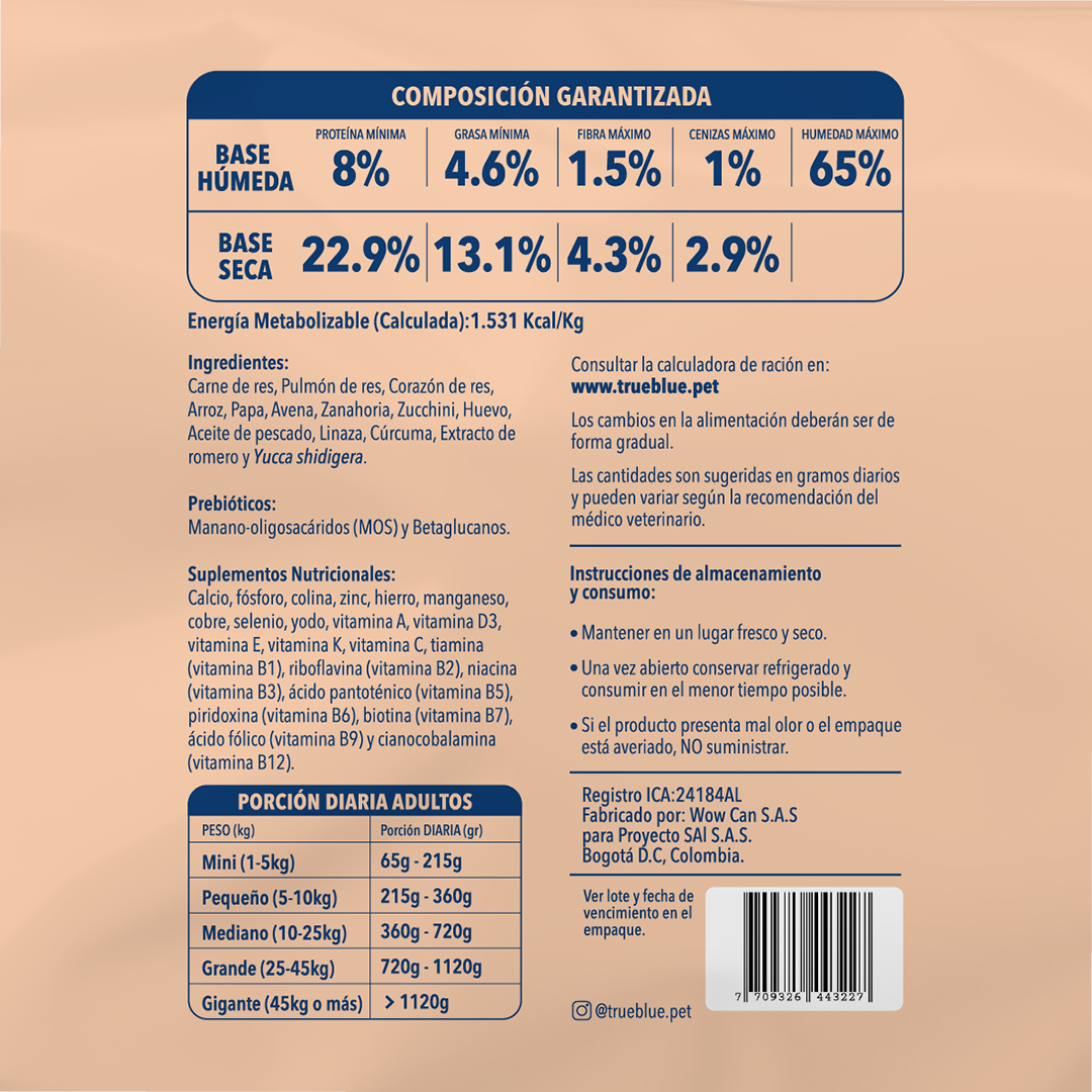 True Blue Comida Natural para Perro Beef-Carrot 500 gr caja x 10 u