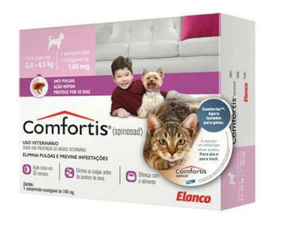 COMFORTIS DE 2,3-4 KG (140 MG) junto a un perro pequeño feliz y libre de pulgas