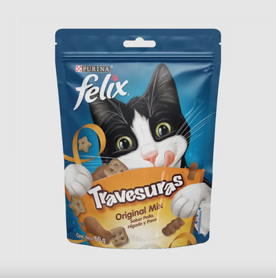 Purina® Felix® Snack para Gatos Adultos de Todas las Razas Travesuras® sabor a Pollo, Hígado y Pavo x 60 gr