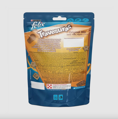 Purina® Felix® Snack para Gatos Adultos de Todas las Razas Travesuras® sabor a Pollo, Hígado y Pavo x 60 gr